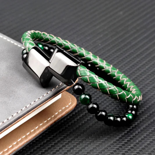Multi-Layer Beaded Green Tiger Eye Leather Bracelet