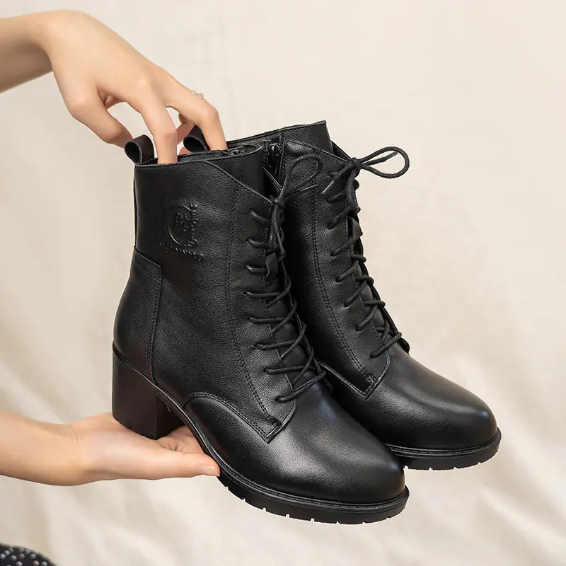 Autumn New Women's Leather Chunky Heel Ankle Boots