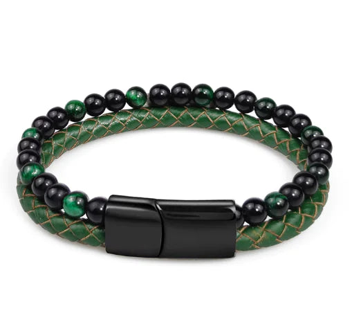 Multi-Layer Beaded Green Tiger Eye Leather Bracelet