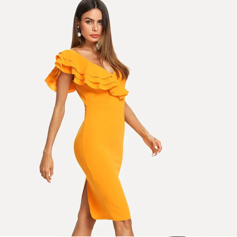 Deep V-Neck Ruffle Dress
