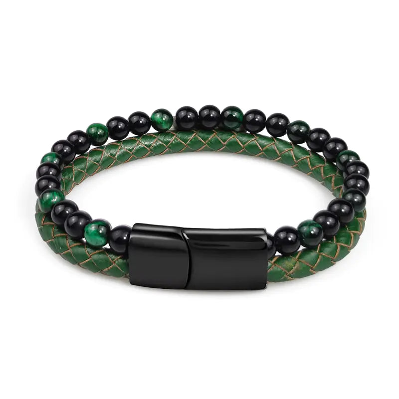 Multi-Layer Beaded Green Tiger Eye Leather Bracelet