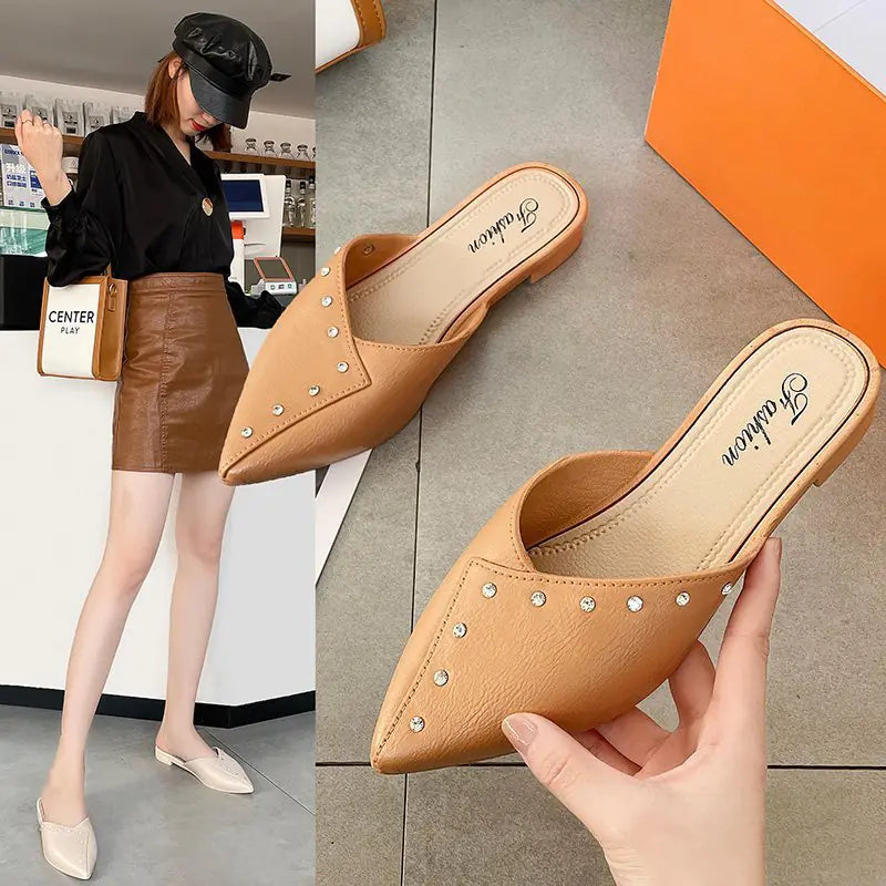 Thick Heeled Flat Toe Cap Mules and Lazy Slippers