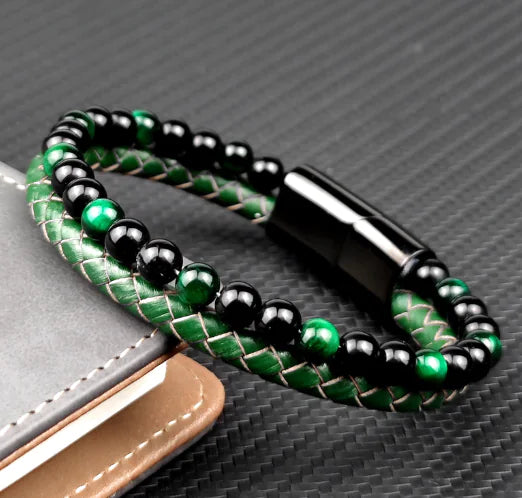 Multi-Layer Beaded Green Tiger Eye Leather Bracelet