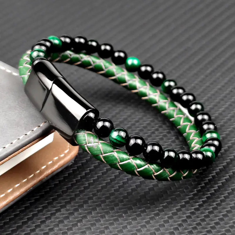 Multi-Layer Beaded Green Tiger Eye Leather Bracelet