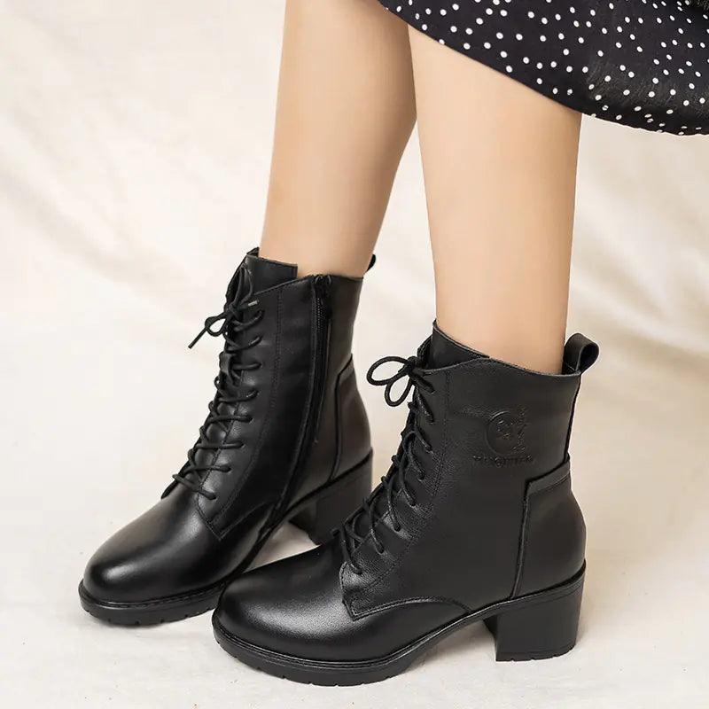 Autumn New Women's Leather Chunky Heel Ankle Boots
