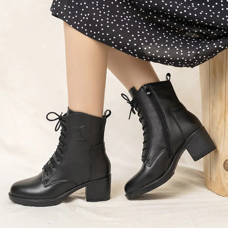 Autumn New Women's Leather Chunky Heel Ankle Boots