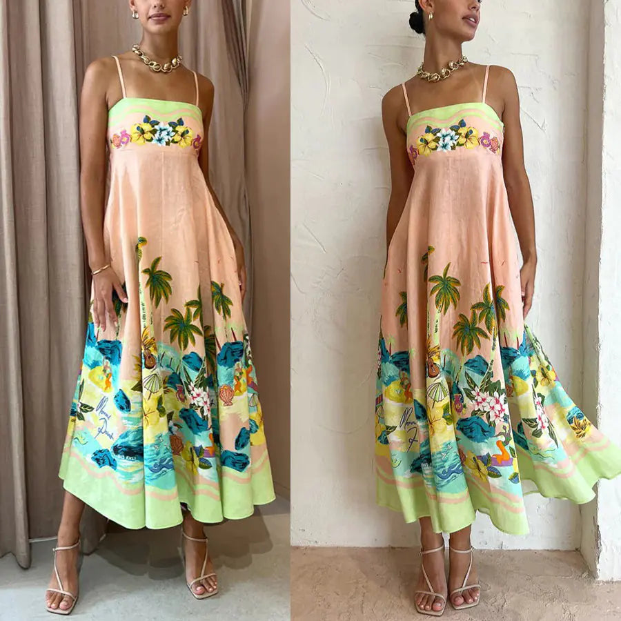 2023 Summer Printed Backless Loose Maxi Dress