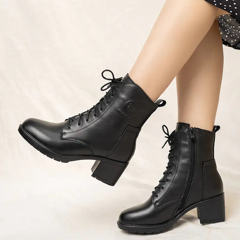 Autumn New Women's Leather Chunky Heel Ankle Boots