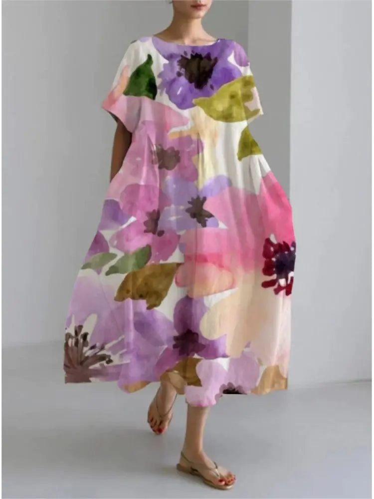 Fashion Lady Short Sleeve Loose Maxi Dress with Pockets